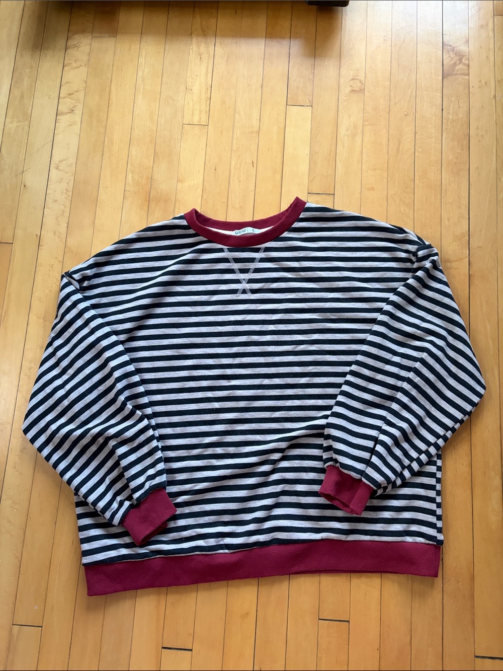 Striped Crewneck Sweater with Burgundy Trim